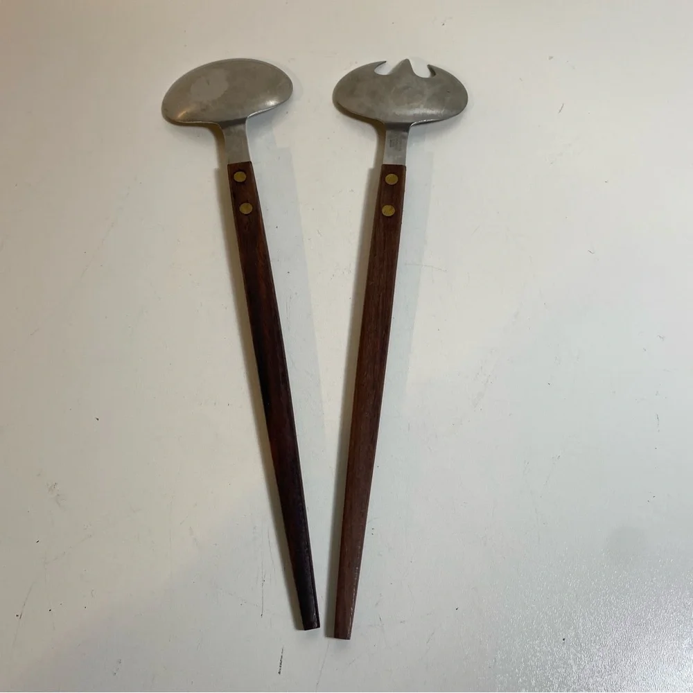 Vintage Barlow 1960s Japanese MCM Stainless Wood Salad Server Set 11” Length